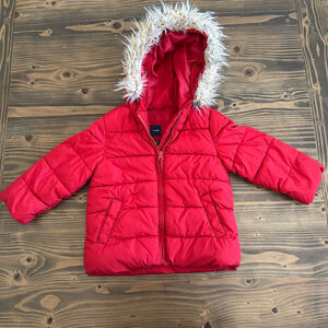 Toddler babyGap Red Puffer Jacket Faux Fur Hood Winter Coat 3T